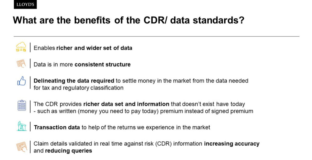 London Market data standardisation – essential insights by Cassandra Vukorep InsurTalk - Benefits of CDR and data standards. Copyright: Cassandra Vukorep
